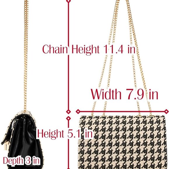 Luxury Houndstooth Crossbody Clutch with Metallic Chain & Rabbit Doll - Picture 2 of 7